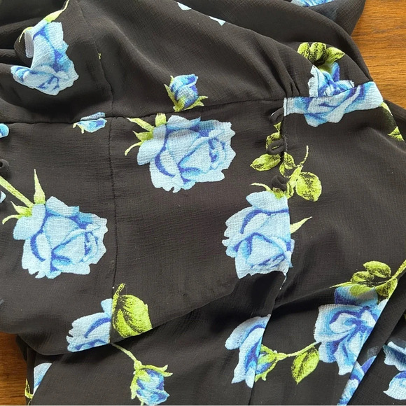 Free People Black Blue Flowers Dress Adjust Cinches & Elastic Waist Back Size M - Picture 6 of 7